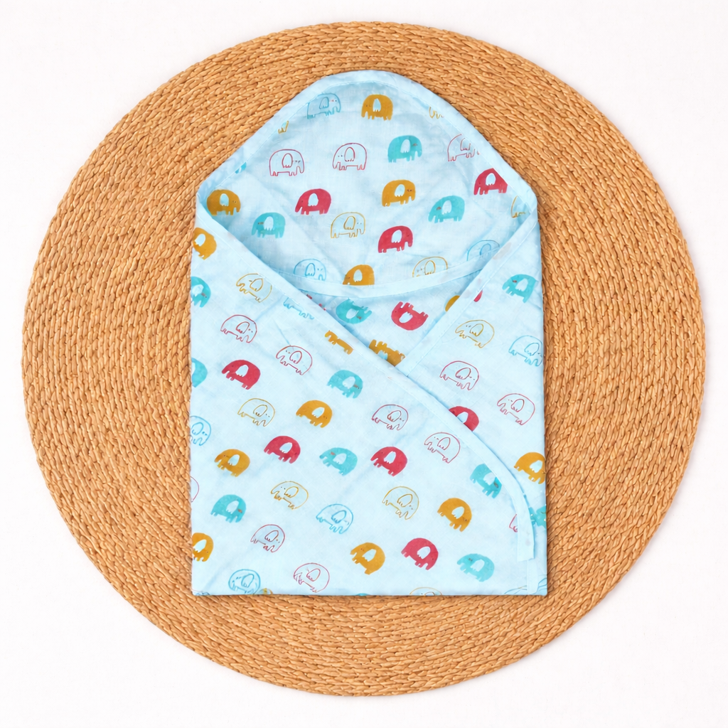 Muslin Double Layer Baby Hooded Towel | Soft Cotton -BLUE ELEPHANT code:NBE